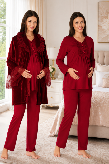 Effortt 8088V Vişne Kadife Sabahlıklı Dantelli Lohusa Pijama Takımı